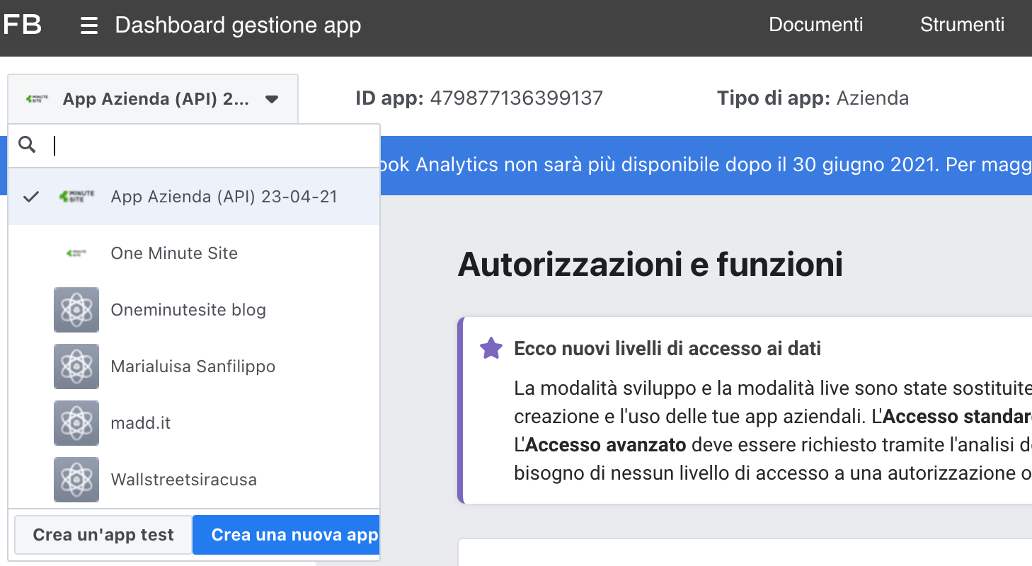 Aggiungere nuova app su facebook developer