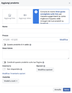 inserimento prodotti vetrina facebook