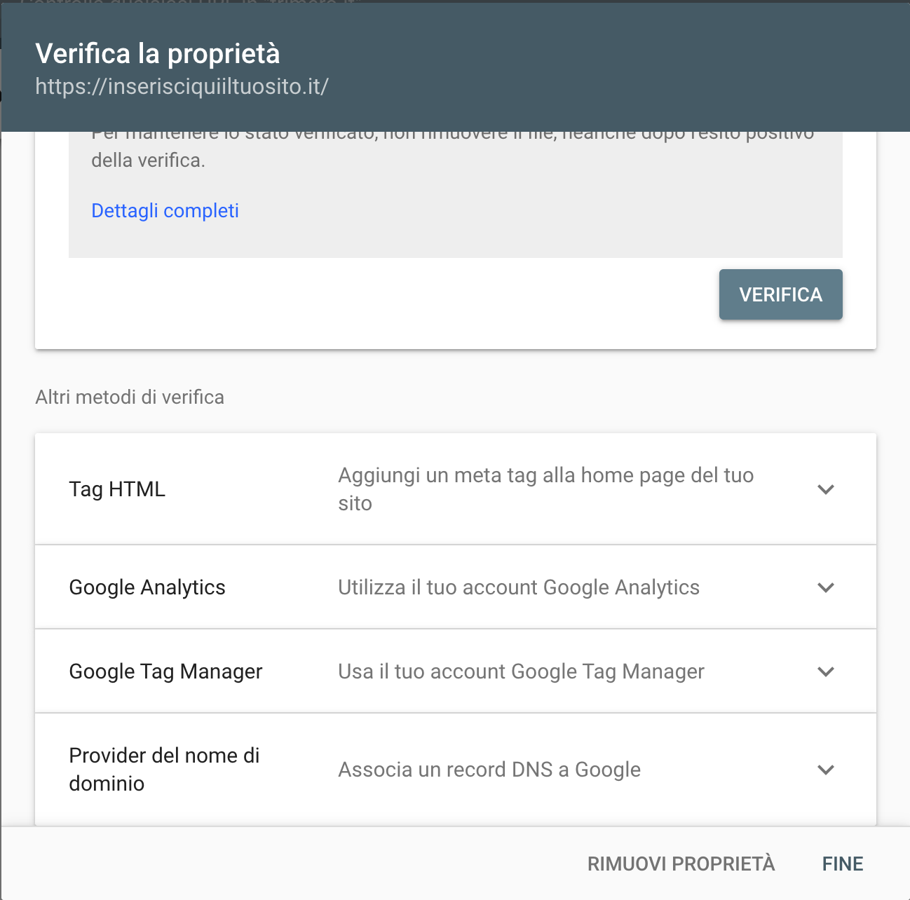 Verificare il sito su search console con Analytics