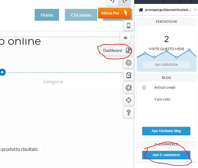Come creare un ecommerce con One Minute Site 2.0 dashboard
